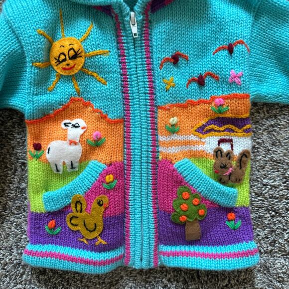 Made in Peru Colorful Knit Full Zip Hoodie Sweater Size 2T Casual Eclectic Cozy - Picture 2 of 8